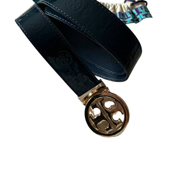 tory burch women classic monogram logo dark blue belt 1.5 Width 46/115 L / XL - Picture 5 of 13